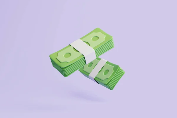 紫色の背景にお金の束 米ドルだ お金と支払いの概念 ミニマリストの3Dレンダリングイラスト — ストック写真