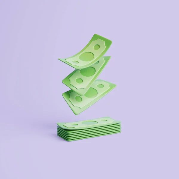 Set Green Banknotes Floating Pastel Purple Background Dollars Money Payment — Stock Photo, Image