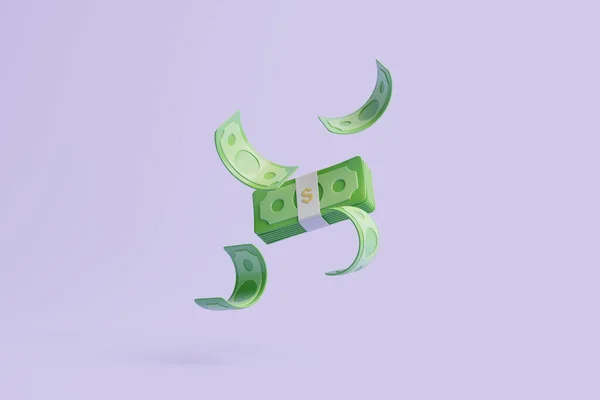 Paquete Billetes Dólar Efectivo Flotando Sobre Fondo Púrpura Dinero Concepto — Foto de Stock