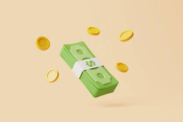 ベージュ地に浮かぶお金と金貨の束のセット 米ドルだ お金と支払いの概念 シンプルな3Dレンダリングイラスト — ストック写真