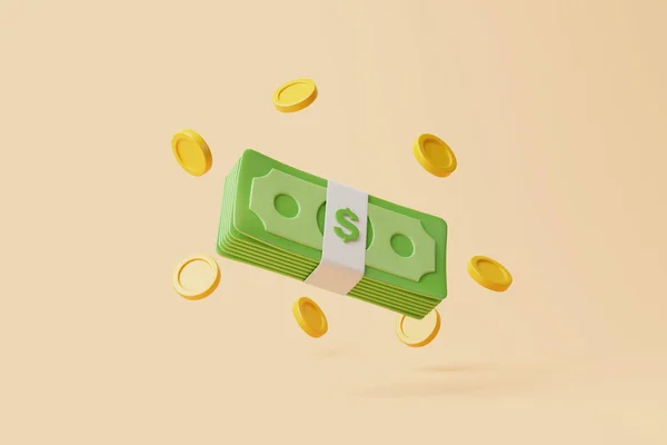 Sada Balíků Peněz Zlatých Mincí Plovoucí Béžovém Pozadí Americké Dolary — Stock fotografie
