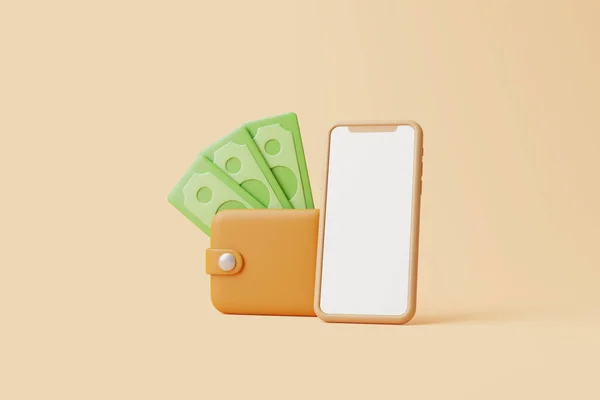 Brown Wallet Icon Green Dollar Banknotes Smartphone Pastel Beige Background — Stock Photo, Image