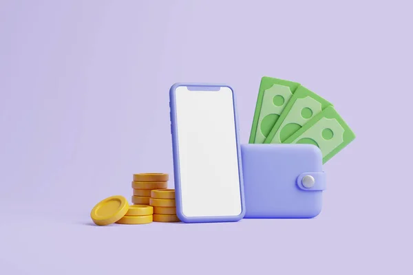 パステルカラーの背景に緑のドル紙幣 黄金のコインやスマートフォンと青の財布のアイコン ビジネスとオンライン決済の概念 3Dレンダリング図 — ストック写真