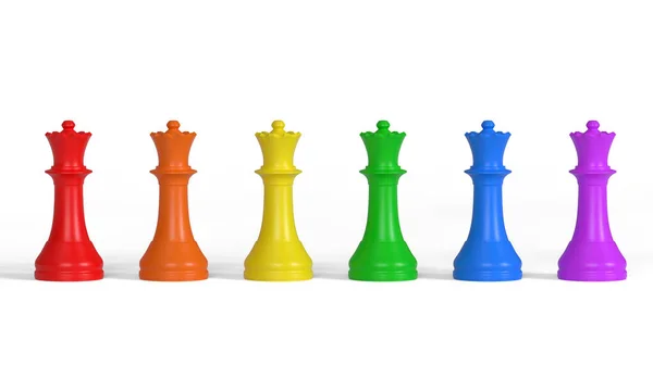 多色の女王の列 チェスの駒 白を基調としたプライドフラッグカラー 3Dレンダリング図 — ストック写真