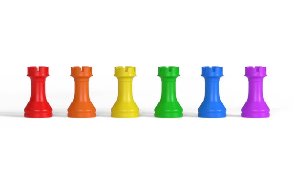 多色のルックの行 チェスの駒 白を基調としたプライドフラッグカラー 3Dレンダリング図 — ストック写真