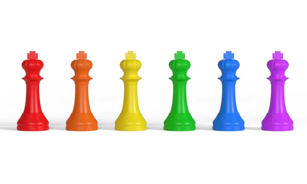 多色の王の列 チェスの駒 白を基調としたプライドフラッグカラー 3Dレンダリング図 — ストック写真