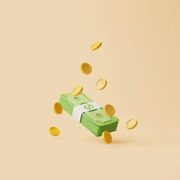 ベージュの背景に金のコインが浮かぶお金の束 米ドルだ お金と支払いの概念 ミニマリストの3Dレンダリングイラスト — ストック写真