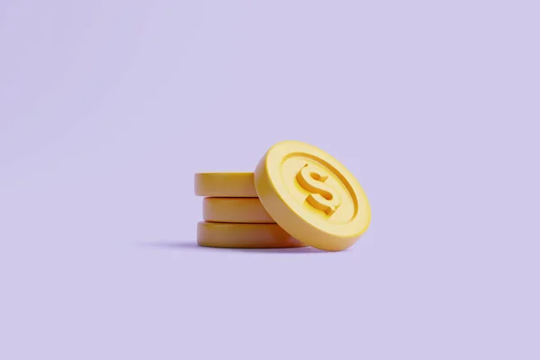 Hromádky Zlatých Mincí Dolarovou Značkou Fialovém Pastelovém Pozadí Minimální Styl — Stock fotografie