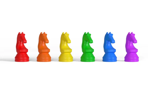 Row Multicolored Knights Chess Pieces Pride Flag Colors Represented Isolated — Stock Photo, Image
