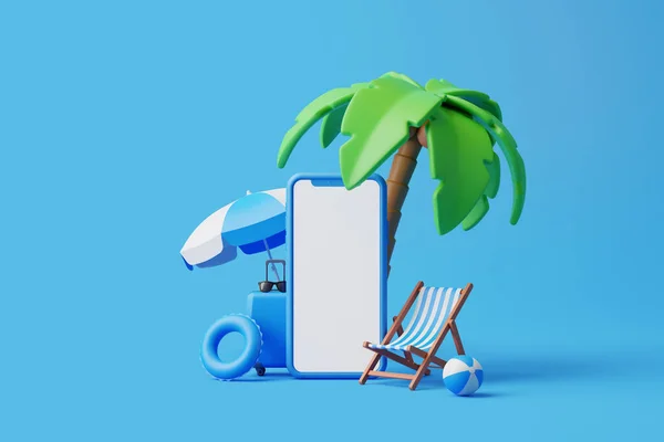 Cartone Animato Palma Tropicale Con Sedie Accessori Spiaggia Sfondo Blu — Foto Stock