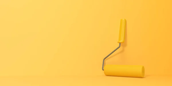 Yellow Paint Roller Een Felgele Achtergrond Home Renovatie Schilderen Sjabloon — Stockfoto