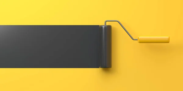 Black Paint Roller Χρωματικό Ίχνος Πάνω Από Κίτρινο Φόντο Ανακαίνιση — Φωτογραφία Αρχείου