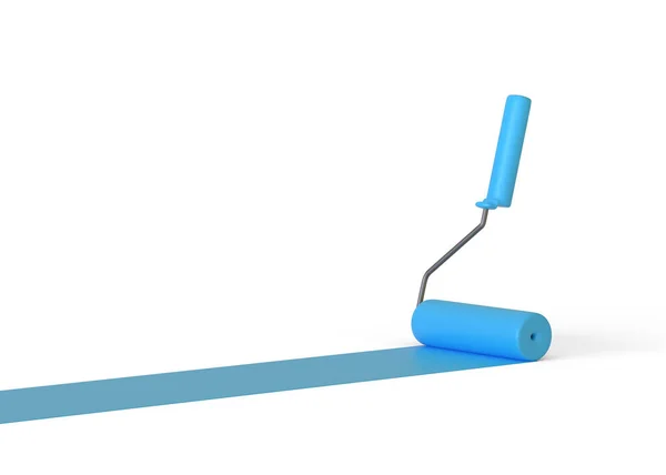 Blue Paint Roller Med Färg Spår Isolerad Vit Bakgrund Hemrenovering — Stockfoto