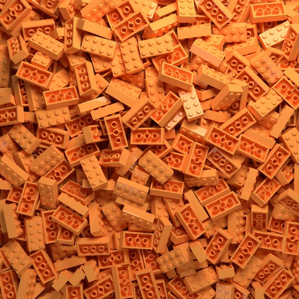 橙色塑料玩具砖背景 儿童教育玩具 孩子们堆积如山的积木3D渲染示例 — 图库照片
