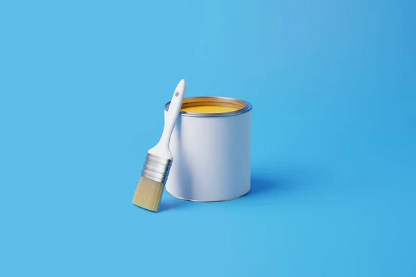 Açık Bir Boya Kutusu Mavi Arka Planda Bir Fırça Tamir — Stok fotoğraf