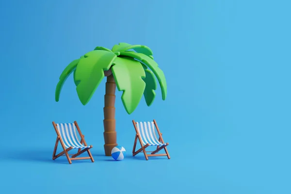 Kreskówkowe Tropikalne Palmy Krzesłami Akcesoriami Plażowymi Niebieskim Tle Koncepcja Lata — Zdjęcie stockowe