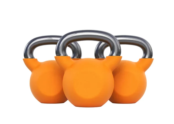 白い背景に3つのオレンジのケトルベルが孤立している 正面図 ジムとフィットネスワークアウトのコンセプト スポーツ用具 ワークアウトツール 3Dレンダリング図 — ストック写真