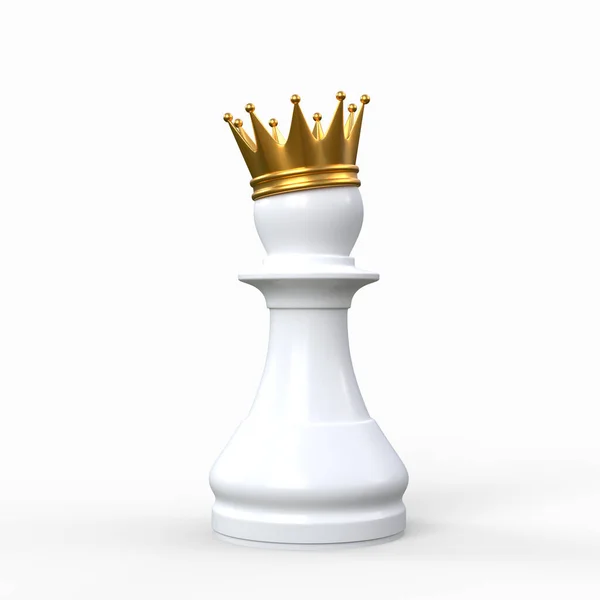 白棋棋子 顶部有一顶金王冠 背景为白色 3D渲染说明 — 图库照片