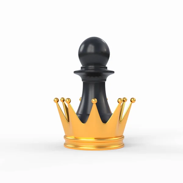 Svart Schackpjäs Som Står Inuti Gigantisk Gyllene Krona Vit Bakgrund — Stockfoto