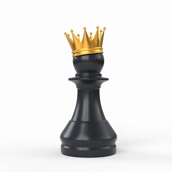 黑棋棋子 头戴金冠 背景为白色 3D渲染说明 — 图库照片