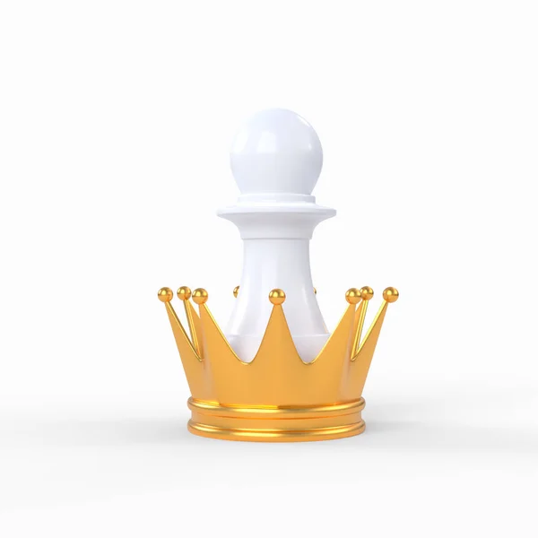 Vit Schackpjäs Som Står Inuti Gigantisk Gyllene Krona Vit Bakgrund — Stockfoto