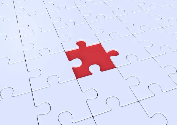 Unfinished white jigsaw puzzle on blue background with copy space. Connected blank puzzle pieces. Business strategy Teamwork concept. Minimal creative concept. 3d rendering illustration