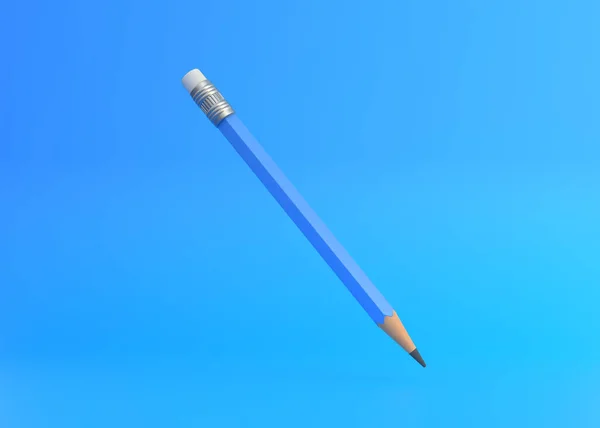 经典的锋利的木制铅笔 橡皮擦在蓝色的背景上飘扬 最小的创意概念 学习用品 办公室工具 3D渲染说明 — 图库照片