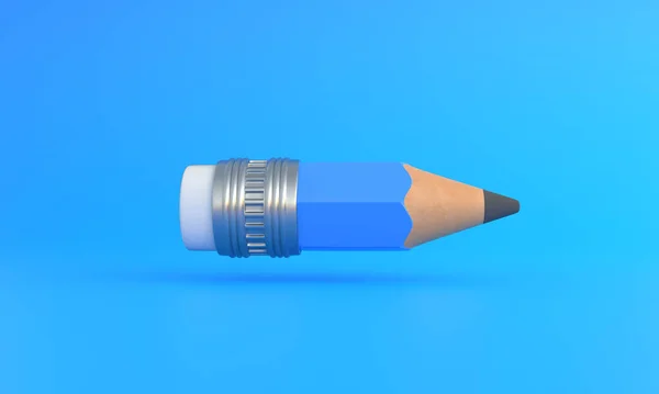 有趣的小尖利的木制铅笔 橡皮擦在蓝色的背景上飘扬 最小的创意概念 学习用品 办公室工具 3D渲染说明 — 图库照片