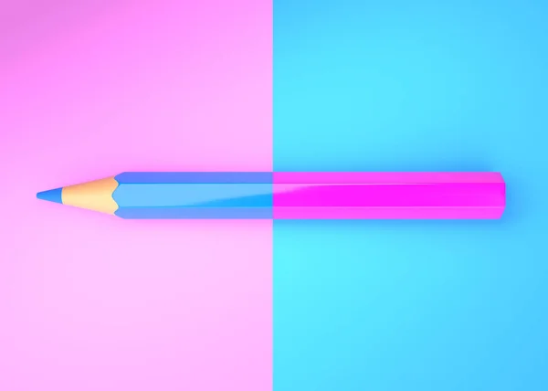 カラフルな紙にピンクと青の鉛筆 カラフルな鉛筆 創造的な最小限の概念の背景 3Dレンダリング図 — ストック写真