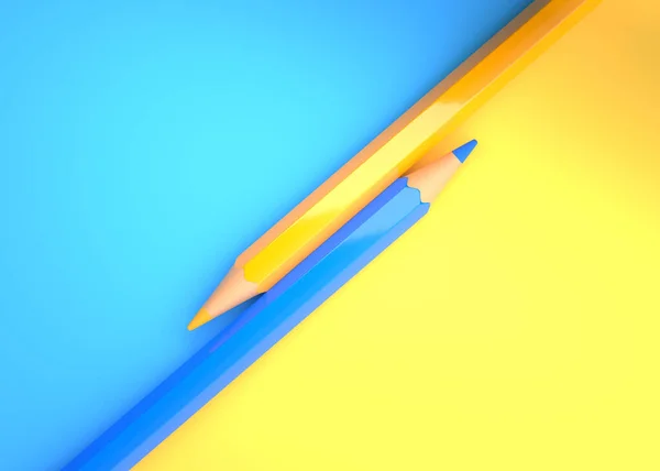 カラフルな紙の上に黄色と青の鉛筆 カラフルな鉛筆 創造的な最小限の概念の背景 3Dレンダリング図 — ストック写真