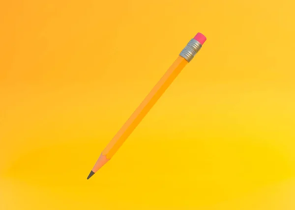 黄色の背景に飛んでゴム消しゴムと古典的な鋭い木製の鉛筆 最小限の創造的な概念 学校の備品だ 工作室だ 3Dレンダリング図 — ストック写真