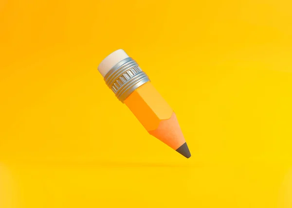 Funny small sharp wooden pencil with rubber eraser flying on yellow background. Minimal creative concept. School supplies. Office tools. 3d render illustration