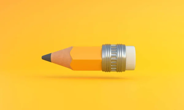 ゴム消しゴムが黄色の背景に飛んで面白い小さな鋭い木製の鉛筆 最小限の創造的な概念 学校の備品だ 工作室だ 3Dレンダリング図 — ストック写真