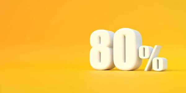 黄色の背景に光沢のある白色の80 のサイン 割引販売中 3Dレンダリング図 — ストック写真