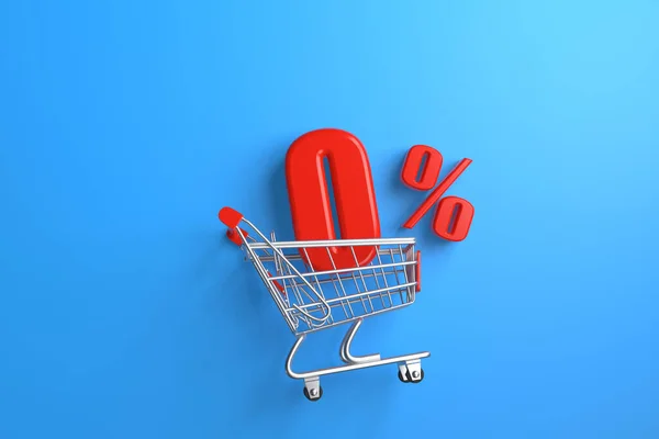 Mavi Arka Planda Bir Alışveriş Arabasında Yüzde Sıfır Indirim Tabelası — Stok fotoğraf