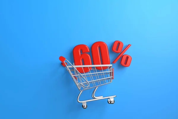 Parlak Kırmızı Indirim Tabelası Mavi Arka Planda Bir Alışveriş Arabasında — Stok fotoğraf