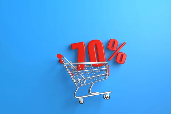 Parlak Kırmızı Indirim Tabelası Mavi Arka Planda Bir Alışveriş Arabasında — Stok fotoğraf