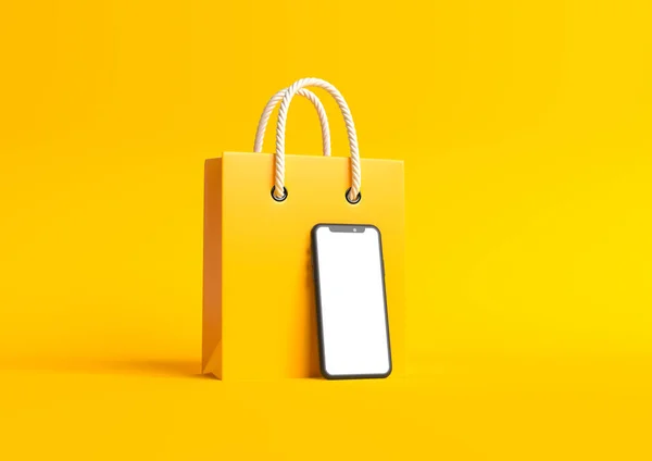黄色の背景に空のスマートフォンの画面を持つショッピングバッグ オンラインショッピングや広告の概念 3Dレンダリング図 — ストック写真