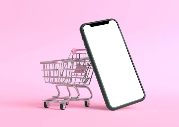 ピンクの背景にスマートフォンの画面が空のショッピングカート ショッピング トローリー 食料品の押しカート オンラインショッピングや広告の概念 3Dレンダリング図 — ストック写真