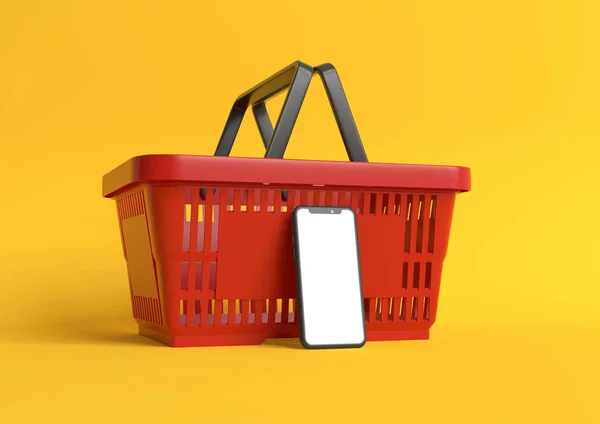 黄色の背景に空のスマートフォンの画面を持つ赤いショッピングバスケット オンラインショッピングや広告の概念 3Dレンダリング図 — ストック写真