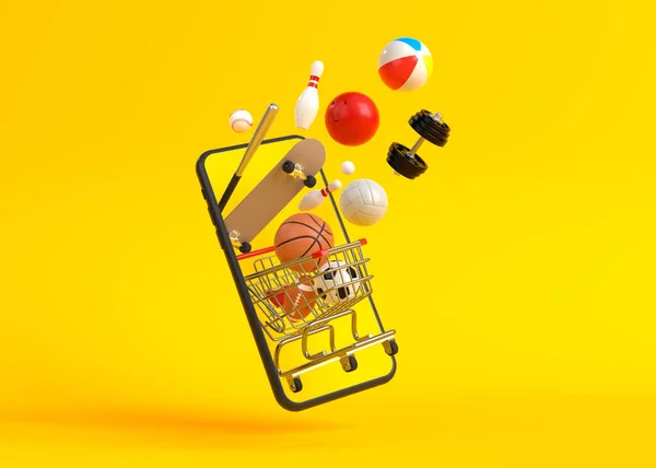 黄色の背景にスマートフォン上のオンラインショッピングコンセプト オンラインショッピングスポーツ機器 3Dレンダリング — ストック写真