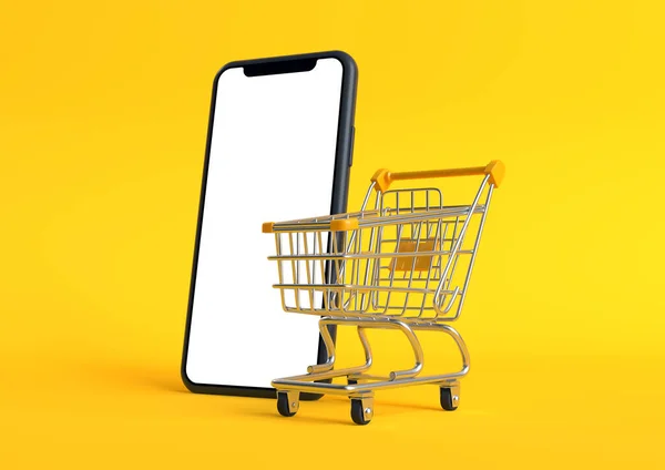 Koszyk Pustym Ekranem Smartfona Żółtym Tle Wózek Sklepowy Wózek Zakupami — Zdjęcie stockowe