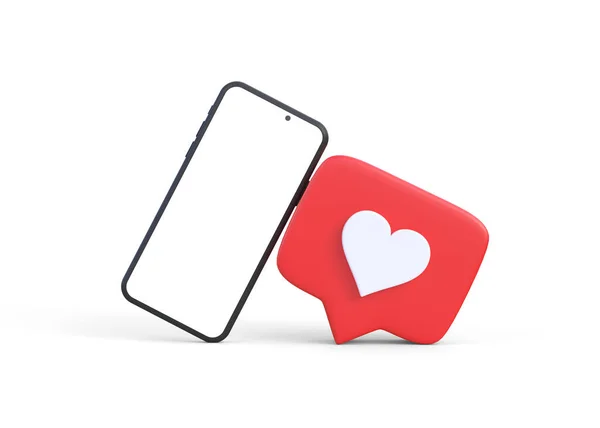 アイコン白い背景の携帯電話の心臓のような通知 空の白い画面を持つ電話のモックアップ 応募発表 アプリは代表 デザインレイアウト 3Dレンダリング図 — ストック写真
