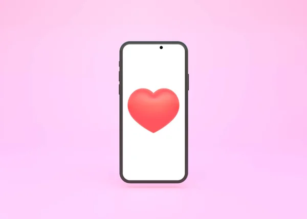 アイコンピンクの背景に携帯電話の心臓のような通知 空の白い画面を持つ電話のモックアップ 応募発表 アプリは代表 デザインレイアウト 3Dレンダリング図 — ストック写真