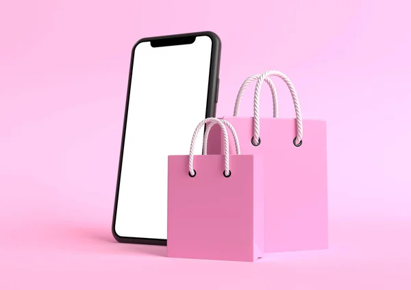 ピンクの背景にスマートフォンの画面が空のショッピングバッグ オンラインショッピングや広告の概念 3Dレンダリング図 — ストック写真