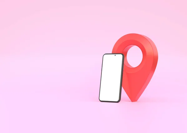 ピンクの背景にスマートフォンの白い画面でピンポインタGps 場所の概念だ 最小限の漫画スタイル 3Dレンダリング3Dイラスト — ストック写真