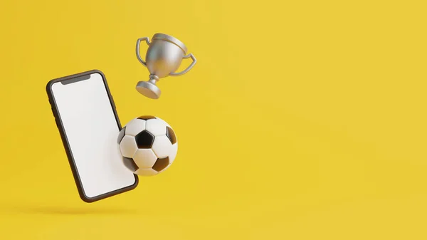 Мобильный Телефон Белым Экраном Футбольным Мячом Золотой Чашкой Летают Желтом — стоковое фото