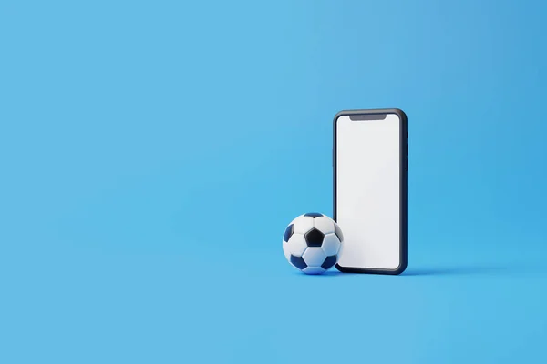 Мобильный Телефон Белым Экраном Футбольным Мячом Синем Фоне Копировальным Пространством — стоковое фото