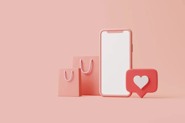 ピンクを背景にホワイトスクリーンスマートフォンやハートアイコン付きショッピングバッグ 3Dレンダリング図 — ストック写真