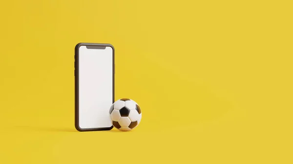 Мобильный Телефон Белым Экраном Футбольным Мячом Желтом Фоне Копировальным Пространством — стоковое фото
